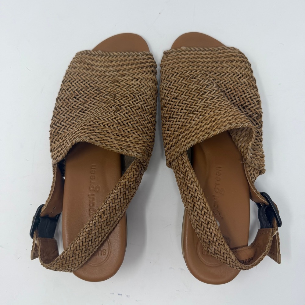 Paul Green Woven Slingback Flat Sandal Tan Braided Leather Womens Size 9.5